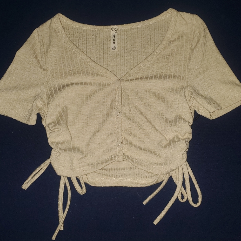Tied crop top, ribbed, xs, beige, brown